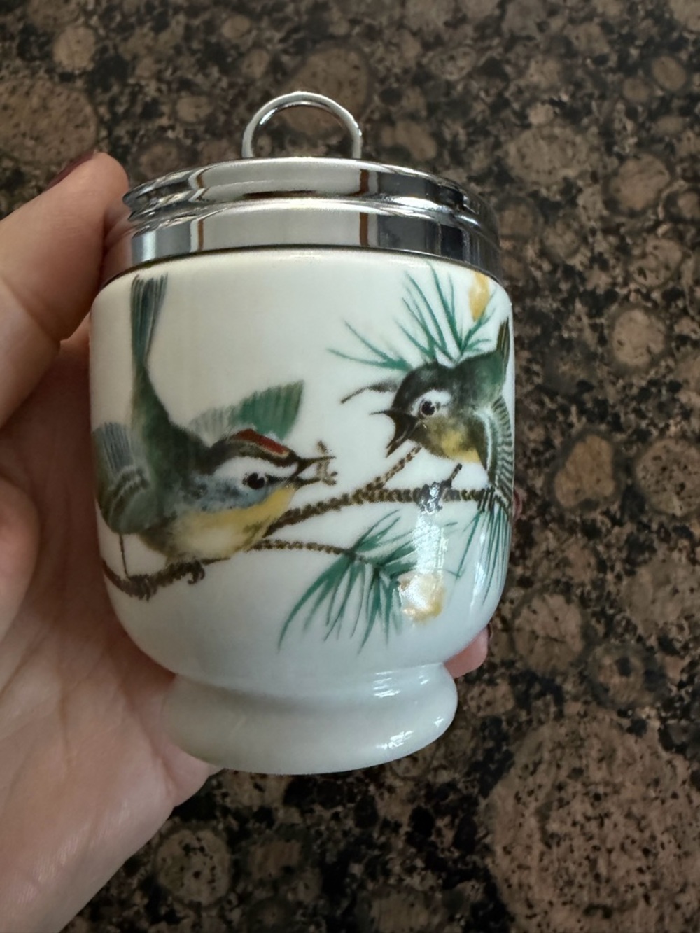 Royal Worcester Porcelain Egg Coddler with Hand-Painted Green and Yellow Birds